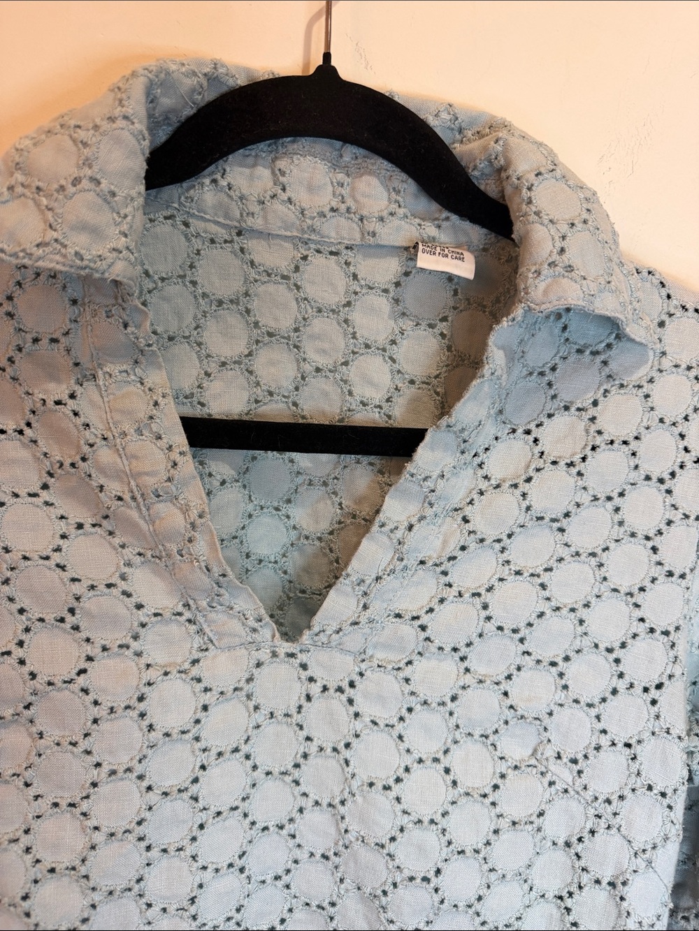 100% Linen Light Blue Eyelet Collared Long-Sleeve Top, S - Picture 4 of 7